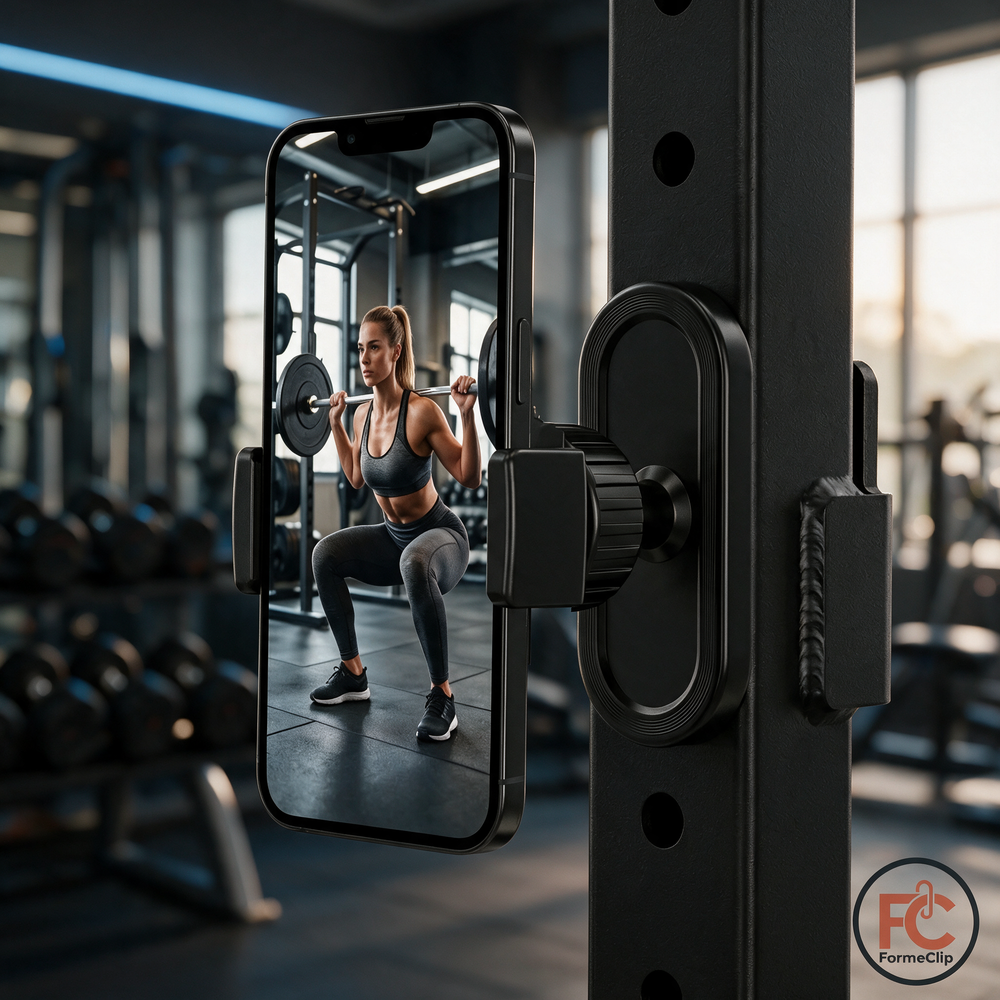 FormeClip fixé par clic magnétique sur un rack de squat