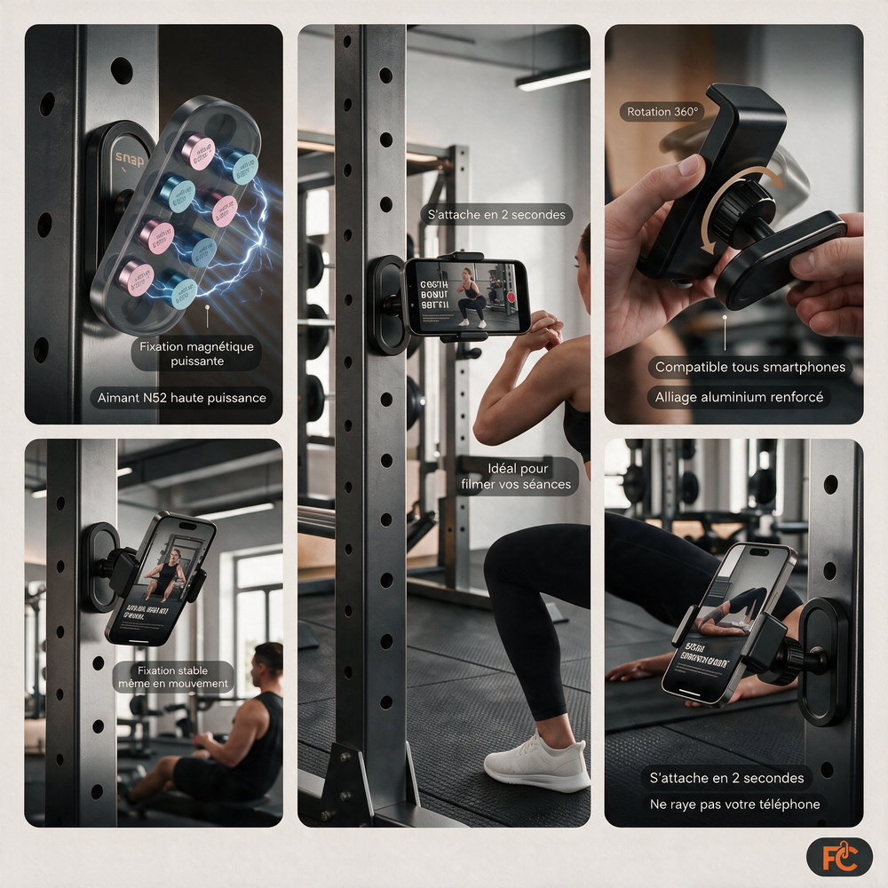 FormeClip, argumentaire visuel : rotation 360°, fixation magnétique N52, compatible tous smartphones